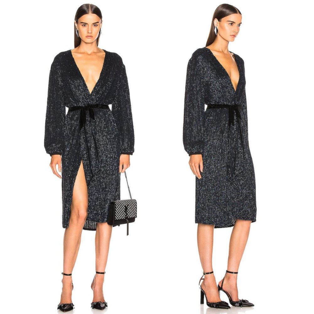 Retrofete Audrey Robe Dress Shiny Black Blue Sequins Wrap Style Midi Dress